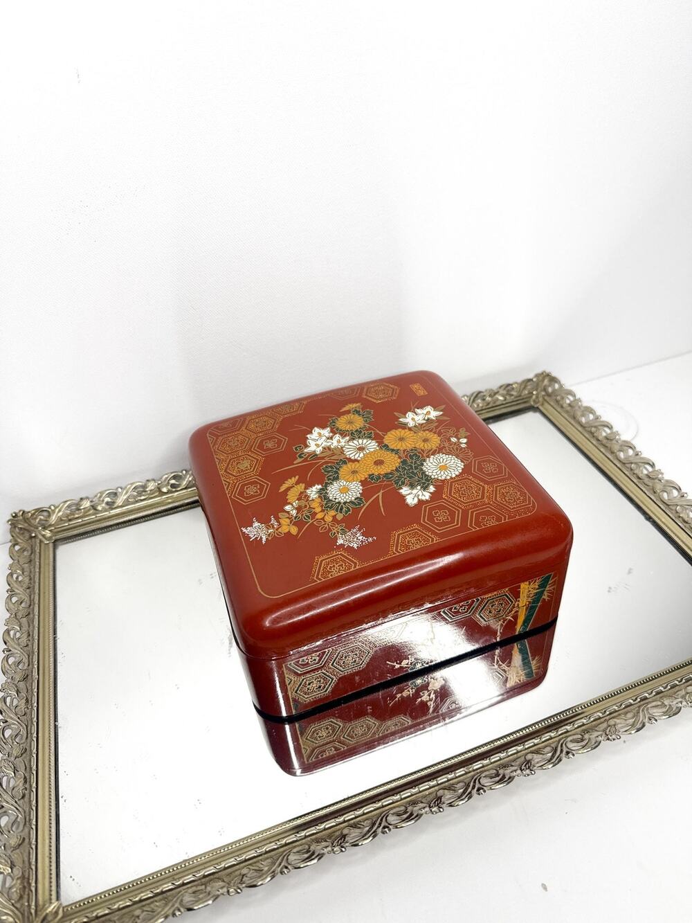 Vintage Japanese Lacquerware Box | Black and Red Decorative Box | Hand-Painted